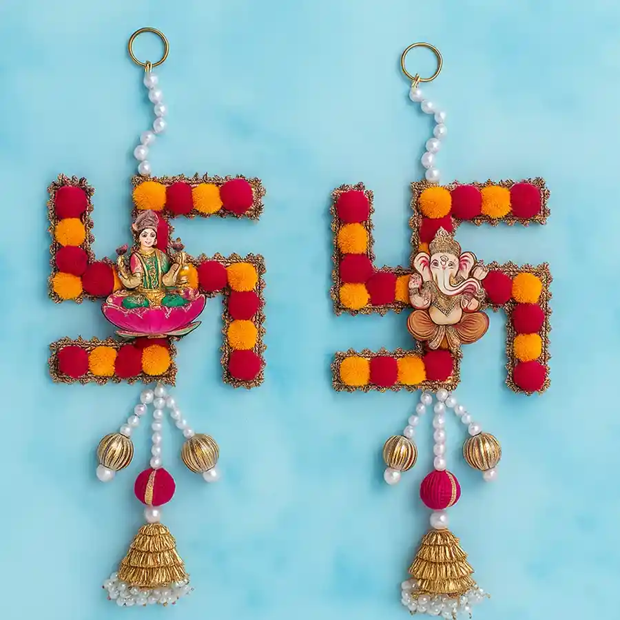 Whimsical duo of Shubh Laabh wall hangings featuring vibrant colors and intricate designs, ideal for home decor.