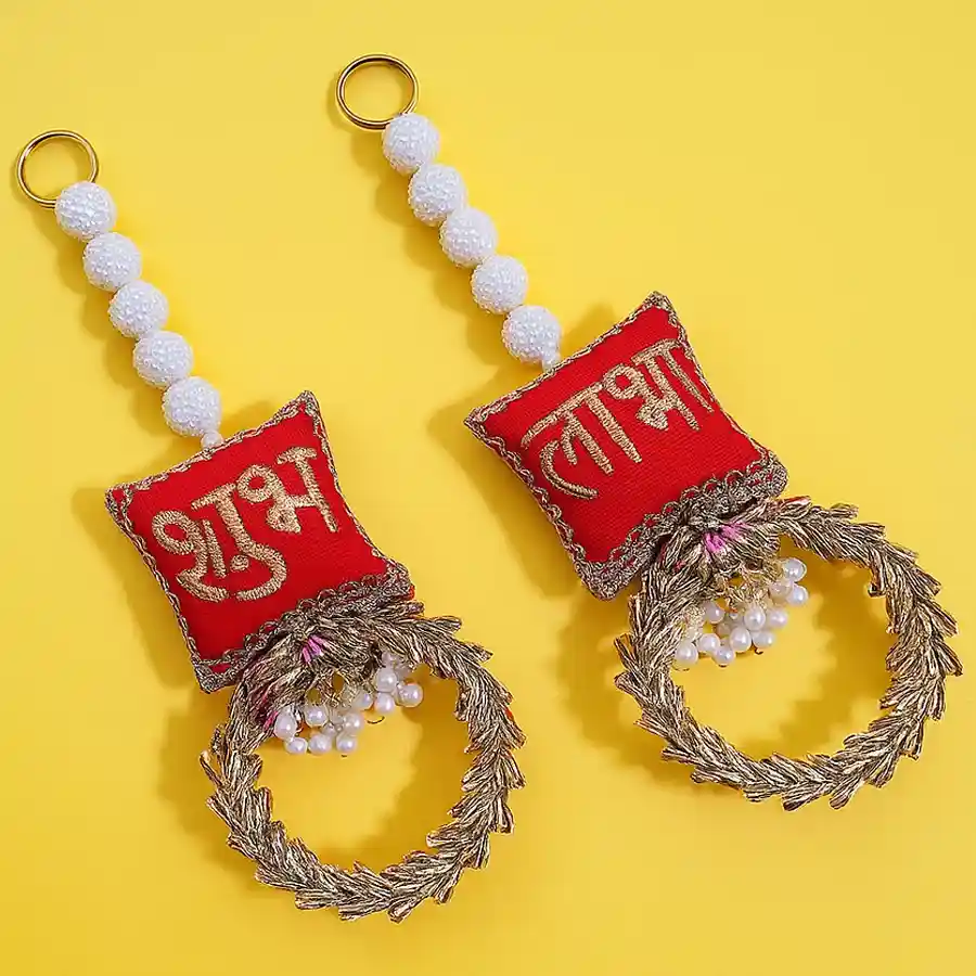 Marvelous Shubh Laabh Hanging Decorations featuring intricate designs and vibrant colors, perfect for enhancing home decor and spreading blessings.