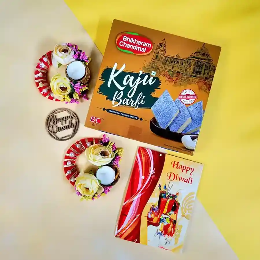 Diwali Bliss in a Box with Kaju Katli, T-light candles, and a Happy Diwali greeting card
