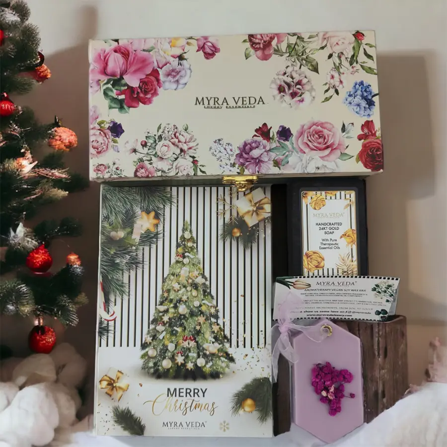 Perfect Myraveda Self Care Gift Box featuring 24KT Gold Handcrafted Soap, Vegan Aroma Soy Wax Bar with dried flowers, and a custom handwritten Christmas card