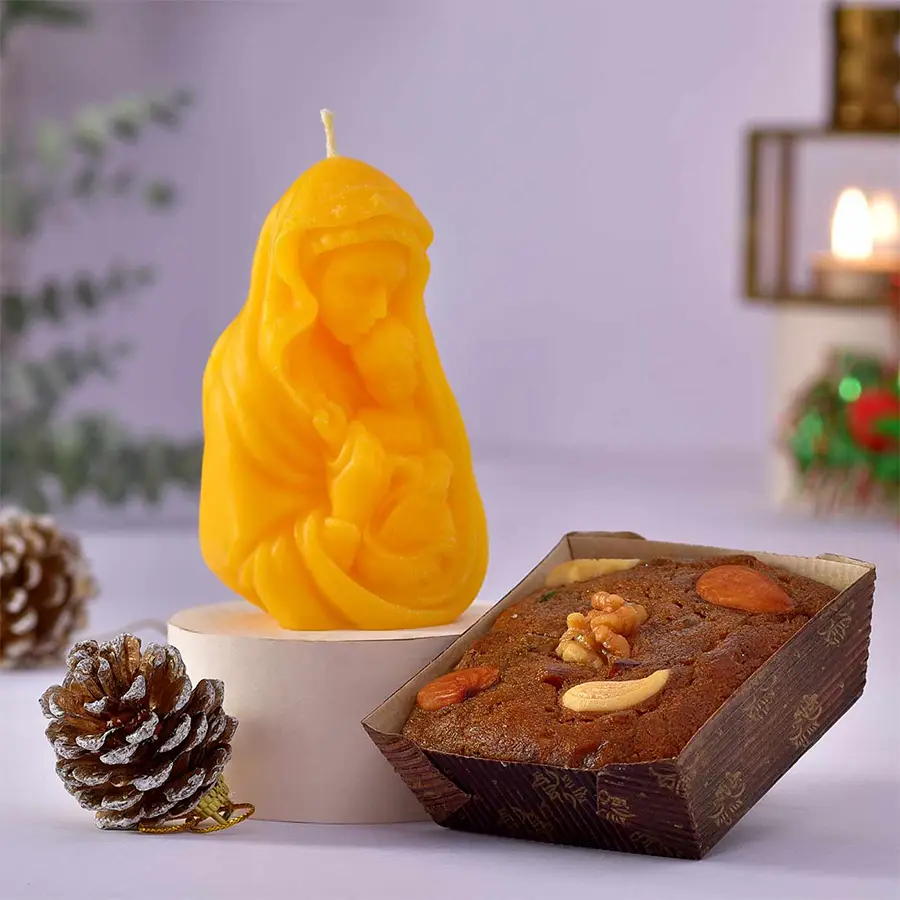 Heavenly Plum Cake and Mother Mary Candle Duo gift set displayed together