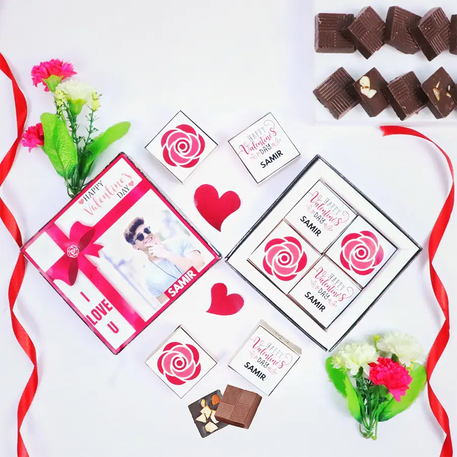 Tempting Personalized Valentine's Chocolates Assortment in a romantic-themed box with four flavors: roasted dry fruit, cranberry, butterscotch, and mixed fruits.