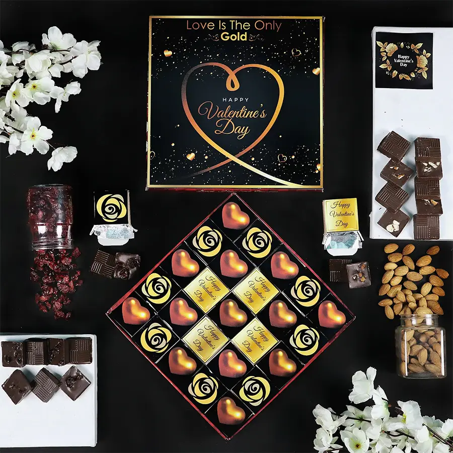 Assorted box of 25 Valentine’s chocolates with various flavors and romantic wrapping