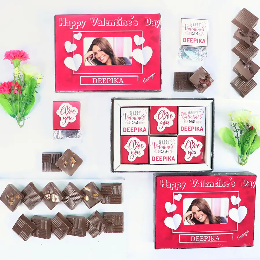 Irresistible Valentines Chocolates Box featuring an assortment of six flavors with romantic designs