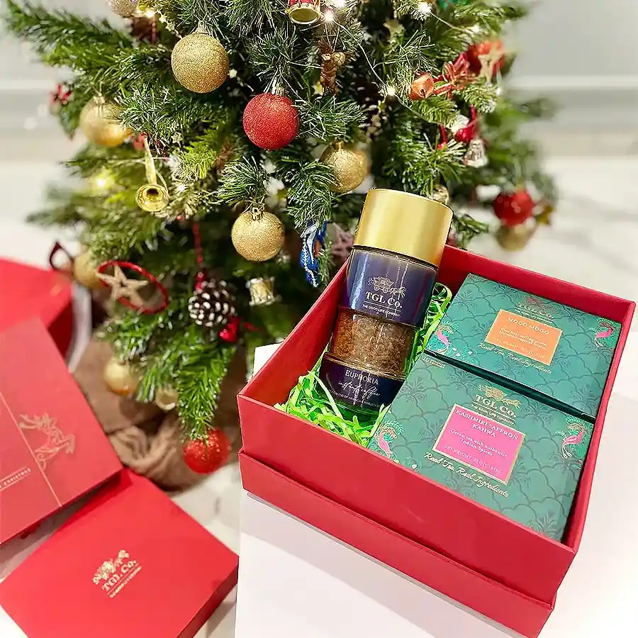 Mystic Tea N Coffee Delight Hamper featuring Kashmiri Saffron Kahwa tea bags, Mogo Mogo Green tea bags, and Euphoria Instant Coffee jar