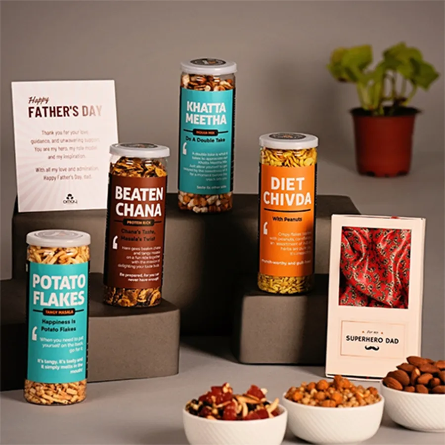 Fathers Day Gourmet Treat Delight hamper featuring Beaten Chana, Khatta Meetha, Potato Flakes, and Millets N Chana in a Premium Satin Pocket Square Box with a Happy Father's Day card