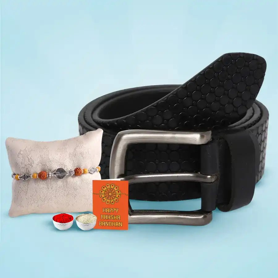 Imported leather belt with complimentary Rakhi, Roli, Tilak, and Chawal displayed together.