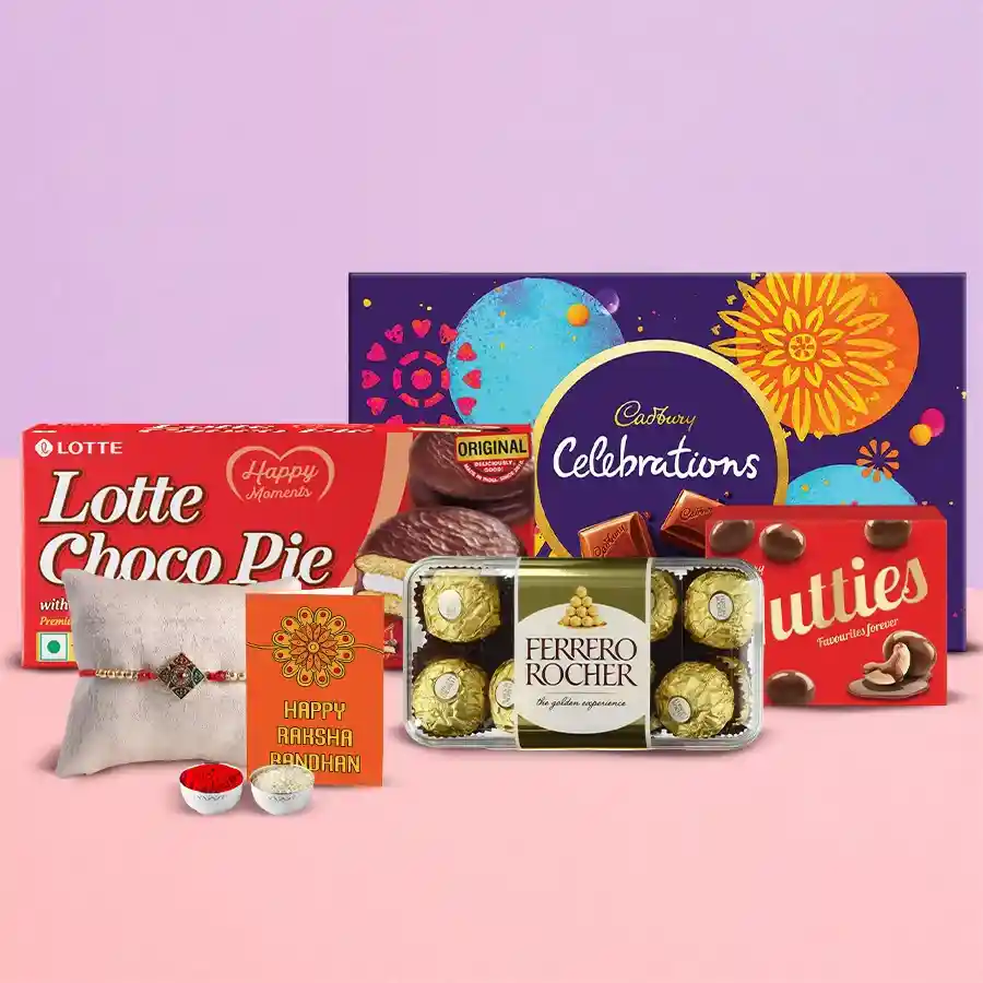 Rakhi gifts chocolate hamper featuring assorted chocolates, a beautiful Rakhi, Roli Tilak, and Chawal
