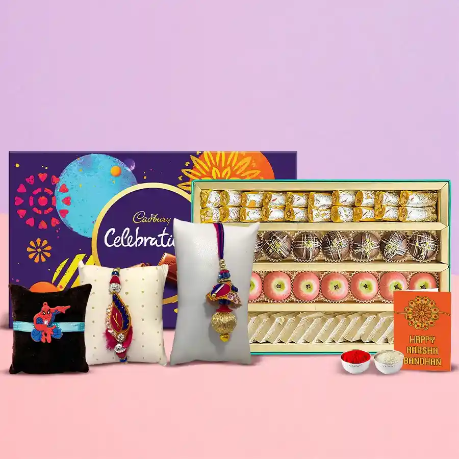 Gift box featuring Haldirams sweets, Cadbury Celebration chocolates, and Rakhis for Raksha Bandhan
