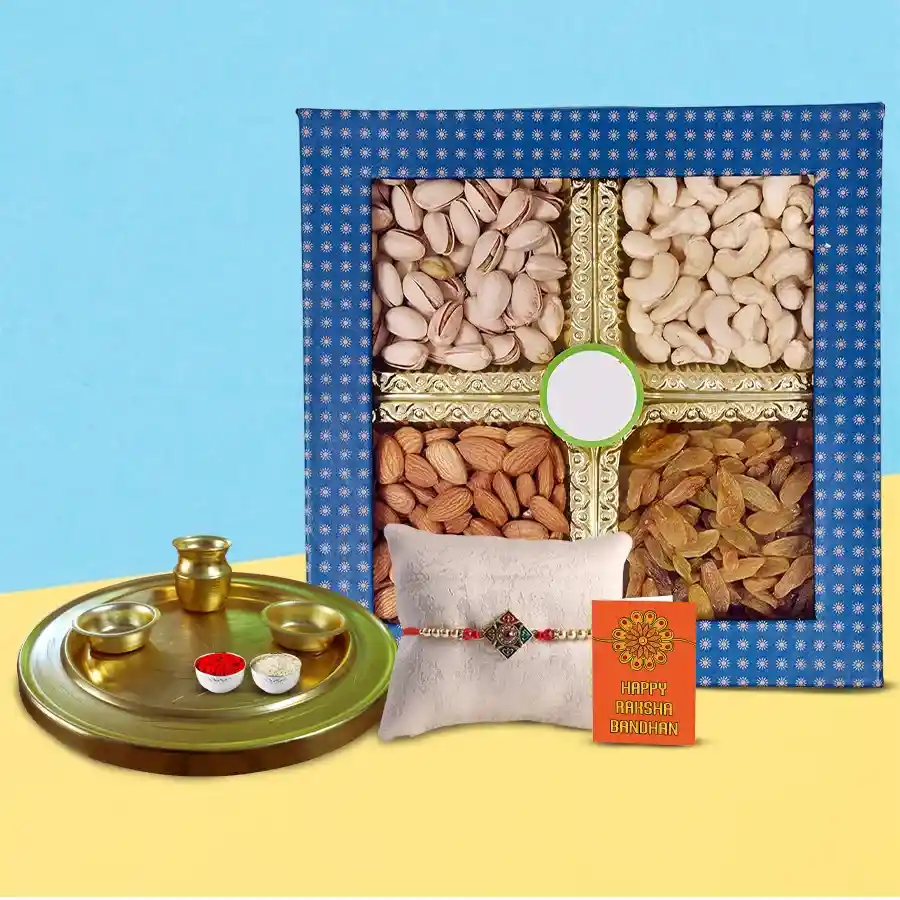 Special Gold Plated Thali with assorted dry fruits, Rakhi, Roli, Tilak, and Chawal set for puja ceremonies