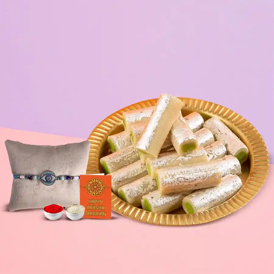 Kaju Pista Roll from Haldiram with Rakhi, Roli, Tilak, and Chawal for Raksha Bandhan celebration