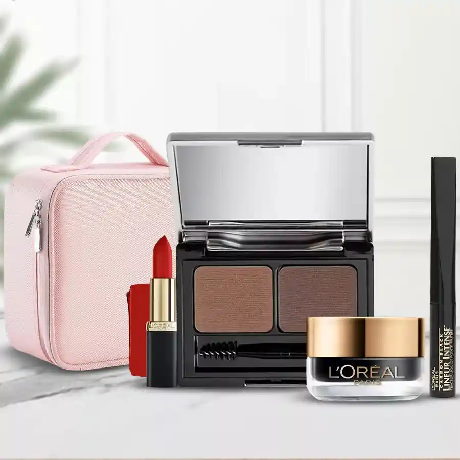 L'Oréal makeup hamper featuring Super Liner Gel Intenza Eyeliner, Brow Artist Genius Kit, Super Liner Black Lacquer Eyeliner, and Color Riche Matte Obsession Lipstick in stylish makeup kit bag.