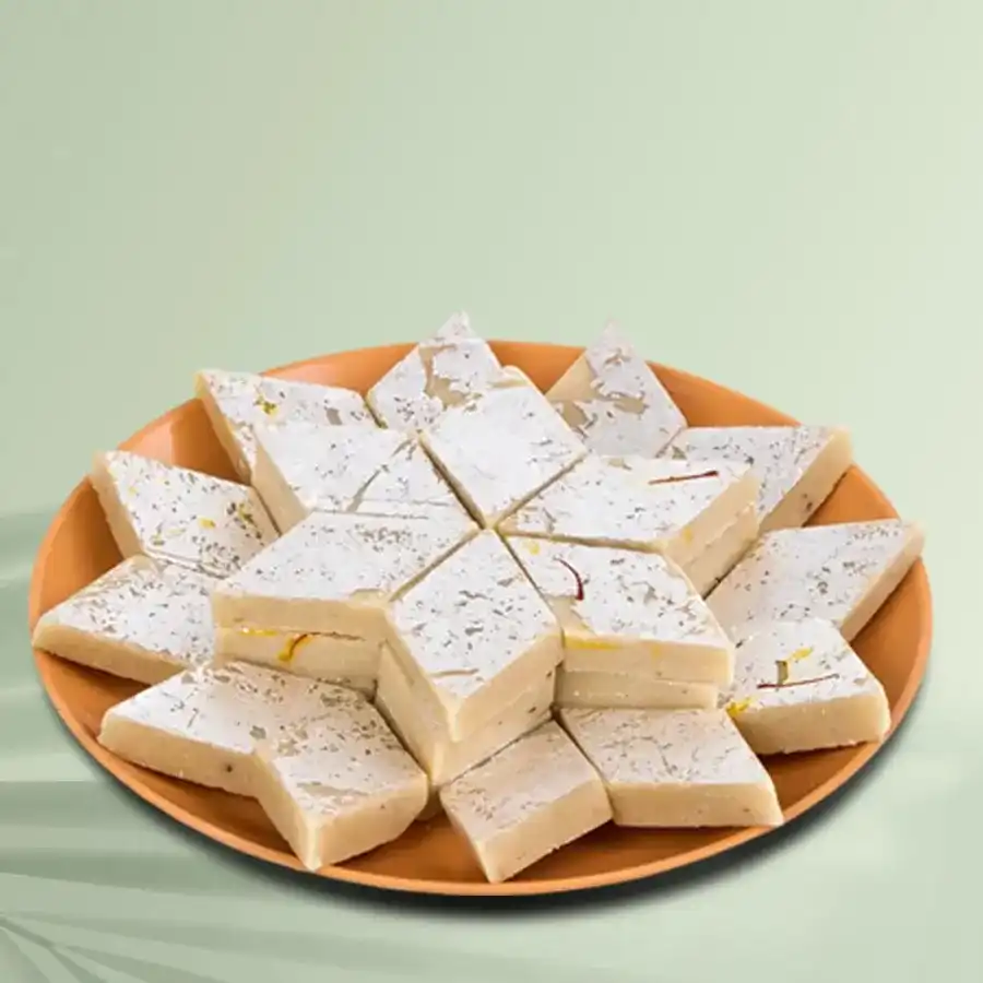 Delectable Kaju Katli from Haldirams in a decorative box with pieces arranged artfully