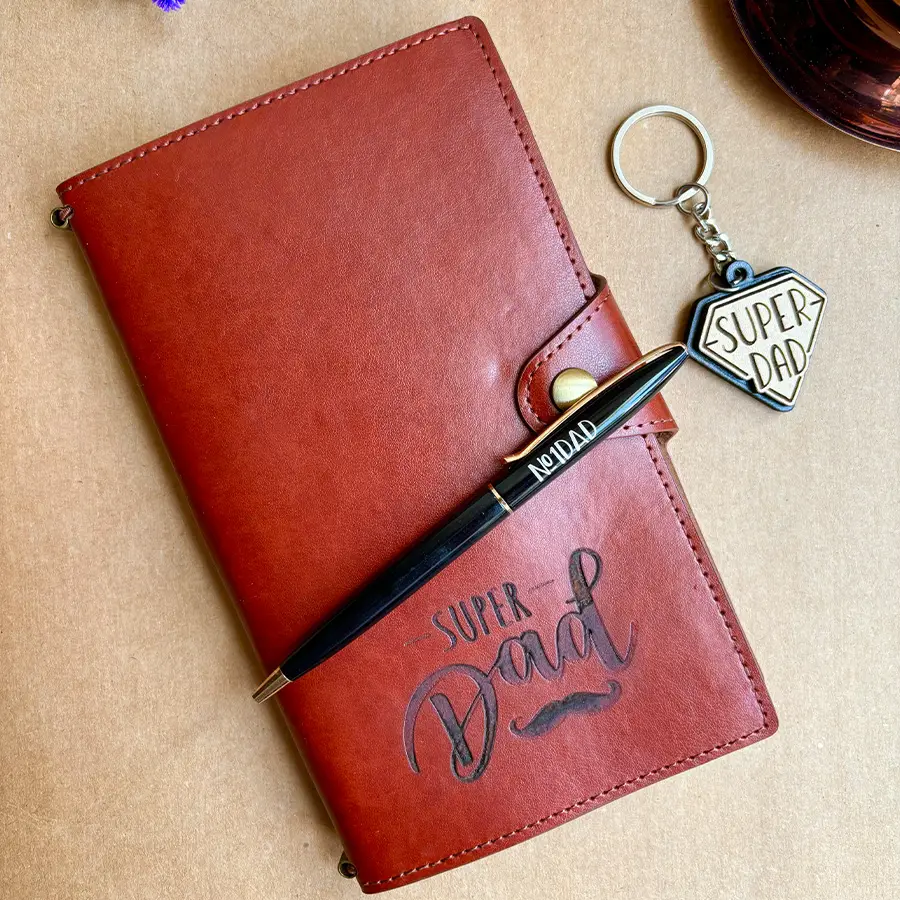 Gift set for Dad featuring a faux leather diary, metal pen, and wooden keychain in a stylish presentation box.