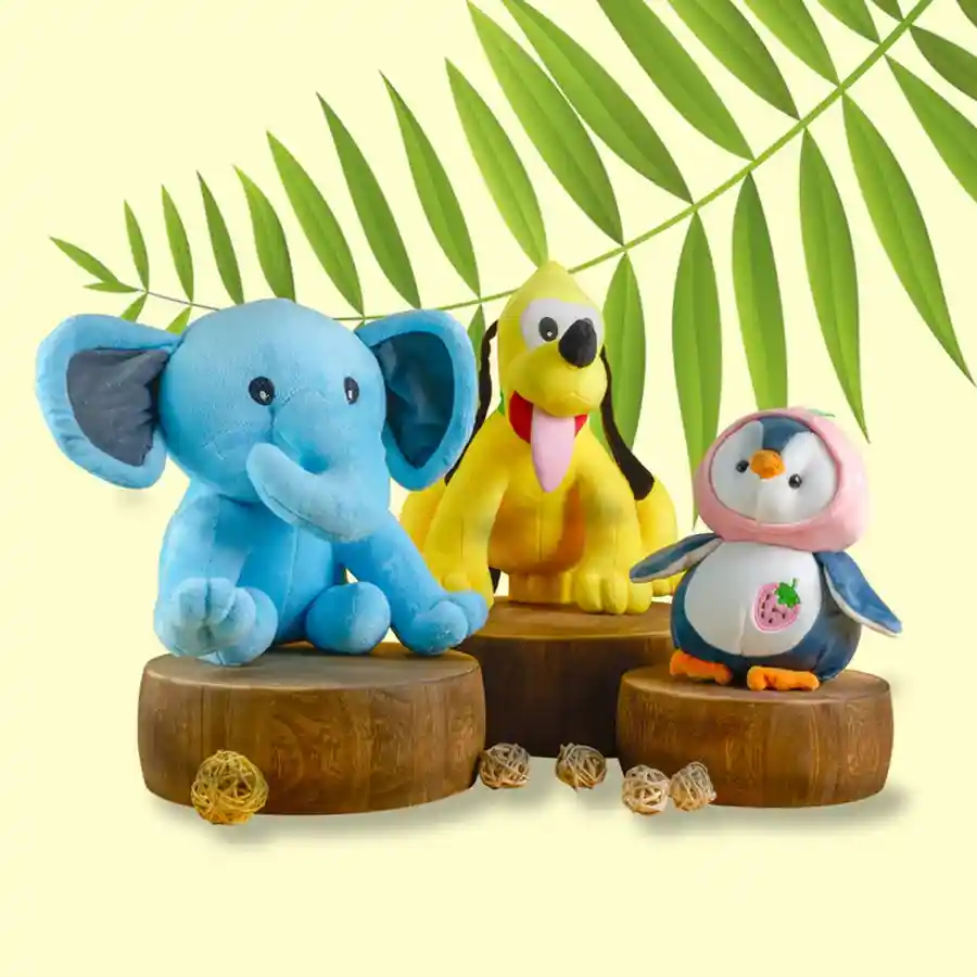 Adorable Plush Toy Collection Gift Set featuring a 30 cm Elephant, a 25 cm Baby Penguin, and a 30 cm Pluto Sitting Plush in a stylish Reusable Designer Basket