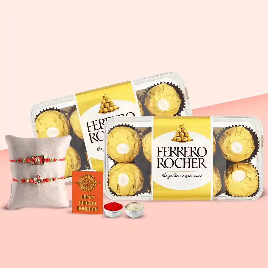 2 boxes of Ferrero Rocher chocolates with 16 pieces each and 2 beautifully crafted Rakhis for Raksha Bandhan celebration