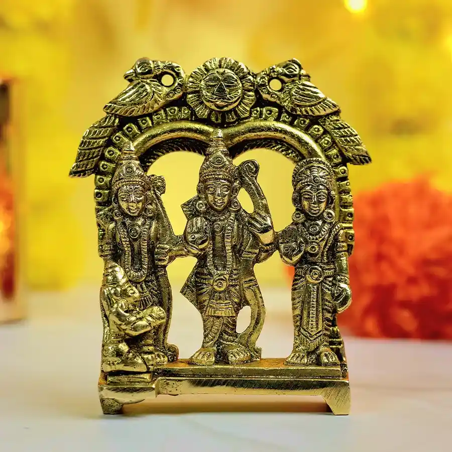 Traditional Brass Ram Darbar Murti featuring Lord Ram, Sita, and Lakshman in intricate detail