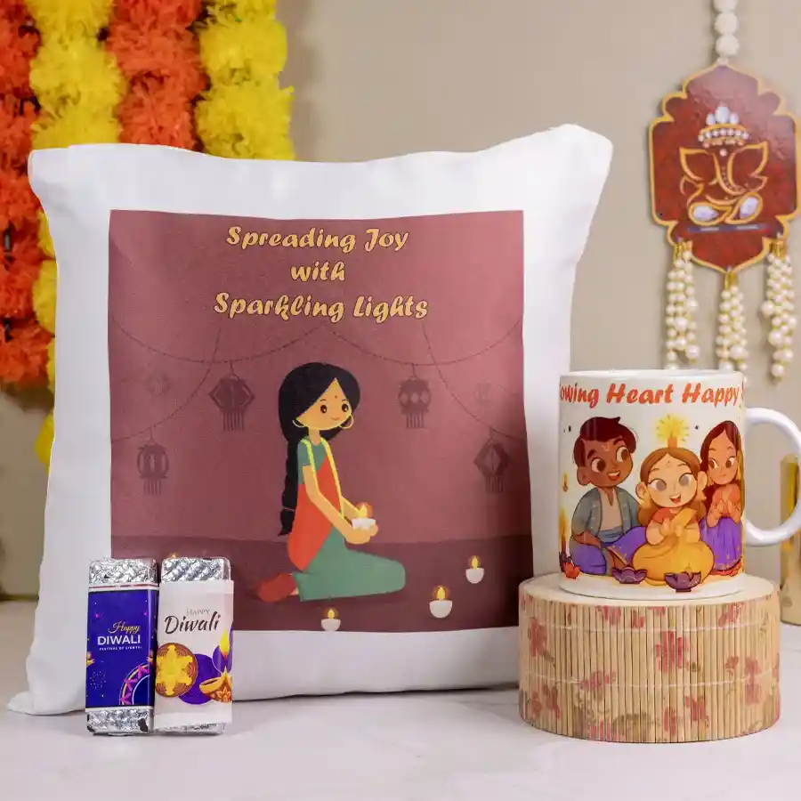 A festive gift set featuring a cozy cushion with an uplifting message, a whimsical heart-shaped mug, and a rich homemade chocolate bar, arranged beautifully to convey warmth and joy.