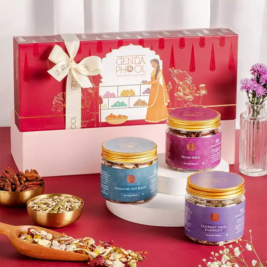 Ultimate Nutty Treats hamper featuring Signature Nut Blend, Pecan Spice, and Gourmet Seeds Symphony