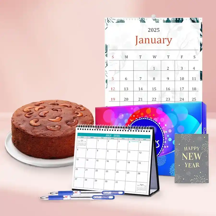 A beautifully arranged New Year hamper featuring a stylish desk calendar, a vibrant wall calendar, two sleek ballpoint pens, festive decorations, and an assortment of cakes and chocolates.
