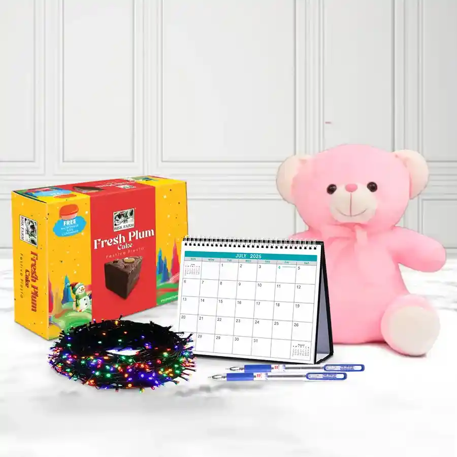 A festive gift set featuring a stylish desk calendar, a 6-inch teddy bear with LED lights, and a Bisk Farm cake, arranged on a decorative background for New Year celebrations.