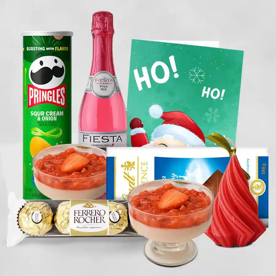 Gourmet Christmas Hamper featuring Feista Fruit Juice, Pringles Chips, Ferrero Rocher, Strawberry Puddings, Lindt Chocolate Bar, Christmas Candle, and a Christmas Card
