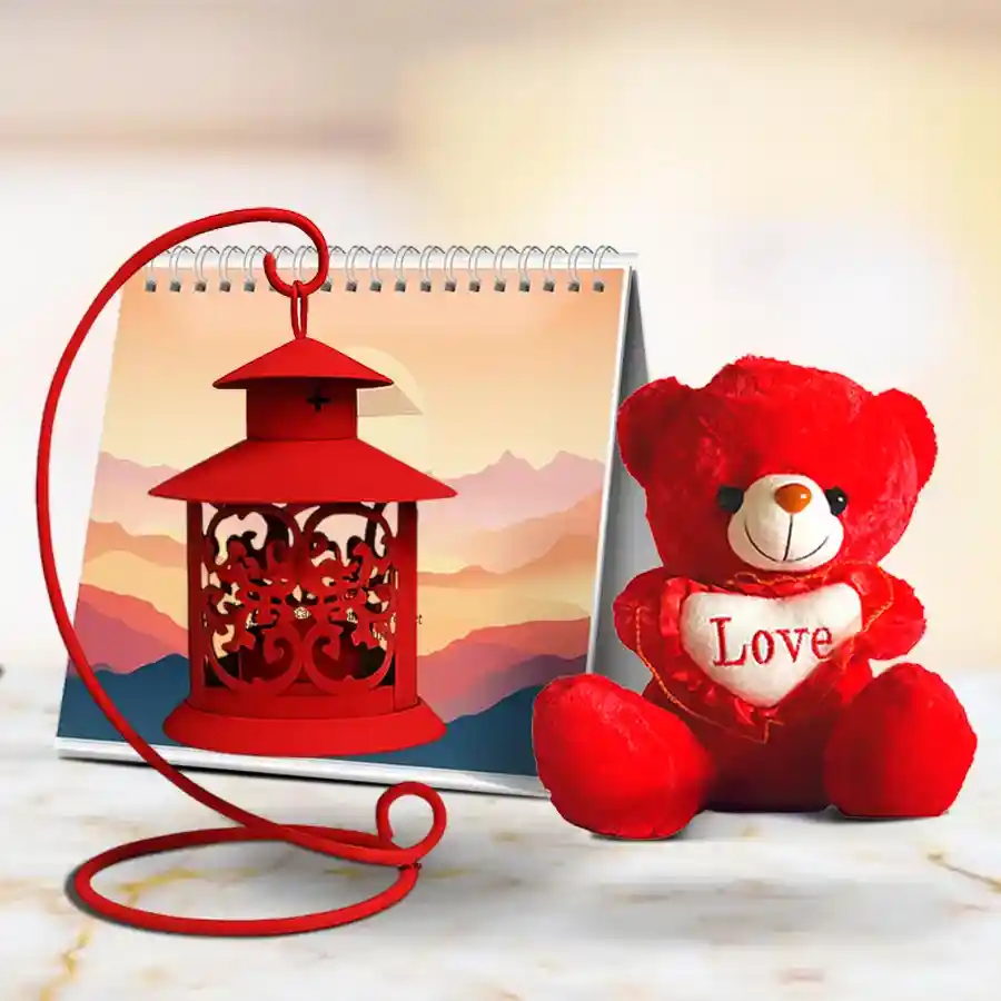 Exclusive Tea Light Holder Gift Pack featuring a teddy bear, tea light holder, and desk calendar