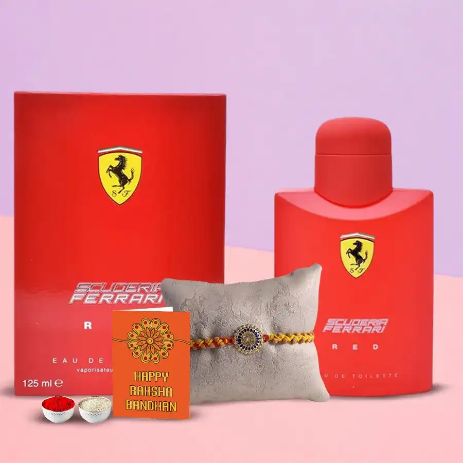Ferrari Natural Spray Rakhi set featuring sleek design and fragrance bottle, celebrating Raksha Bandhan with Italian luxury.