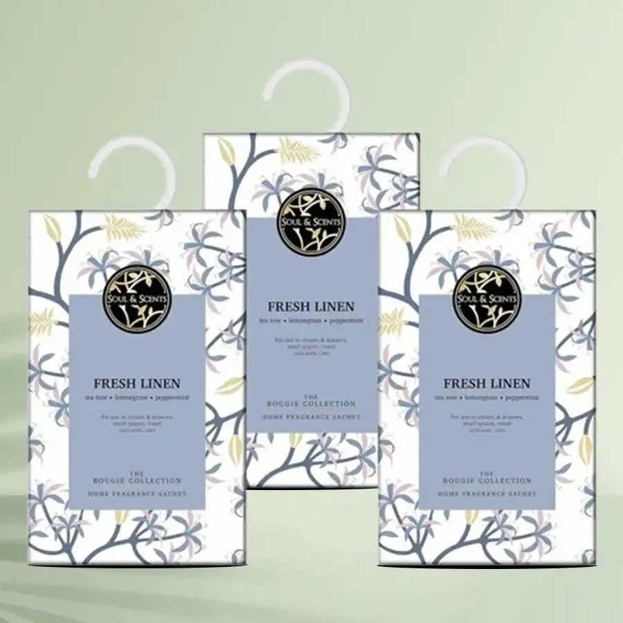 Pure Linen Essence Sachets Trio packaging displaying three sachets with fresh linen scent
