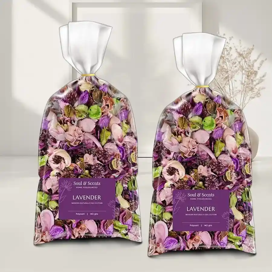 Lavender Harmony Potpourri Set with two packs of premium lavender-scented potpourri in a serene setting