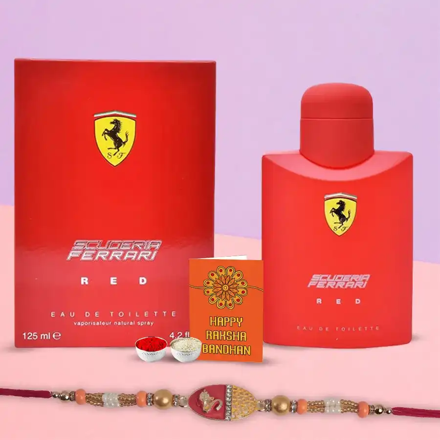 Rakhi Radiance set featuring a Kundan Rakhi, Ferrari Red EDT for Men, traditional Roli, Tika, Chawal, a message card, and an extra Rakhi