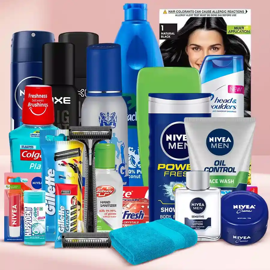 Remarkable Gift Hamper for Men featuring grooming essentials, fragrances, oral care products, and a cozy shower towel
