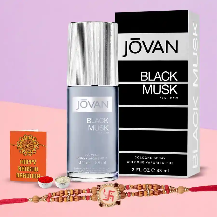 Elegant Swastik Rakhi with Jovan Black Musk Cologne, traditional Roli, Tika, Chawal, and personalized message card