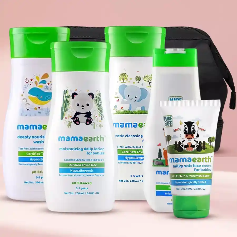 A colorful kids skin care hamper filled with gentle body wash, moisturizing lotion, cleansing shampoo, baby dusting powder, soft face cream, and a waterproof toiletry kit bag, all designed for ages 0-5.