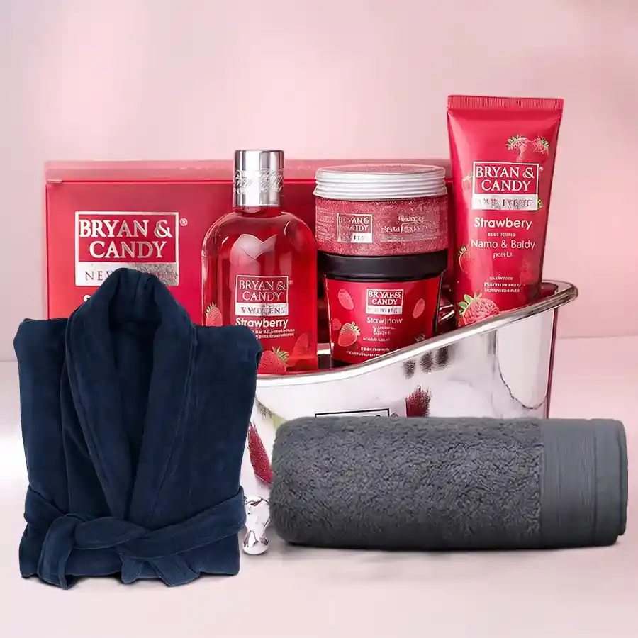 Beautiful Home Spa Strawberry Bath Tub Set with bathrobe and bath towel displayed elegantly.