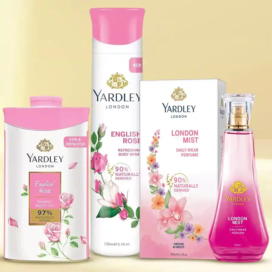 Yardley London English Grooming Gift Hamper with English Rose Perfumed Talc, Body Spray, and Mist Perfume in a beautifully arranged presentation