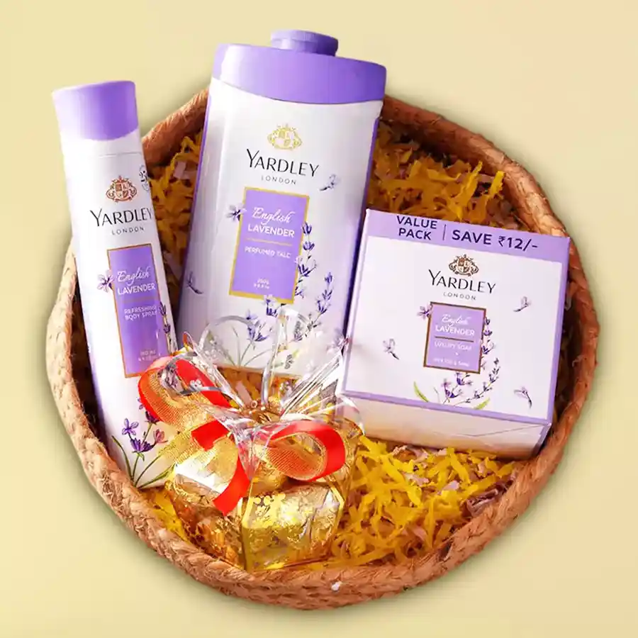 Premium Yardley London English Lavender Kit featuring body spray, perfumed talc, lavender soaps, and handmade toffee in an elegant arrangement.