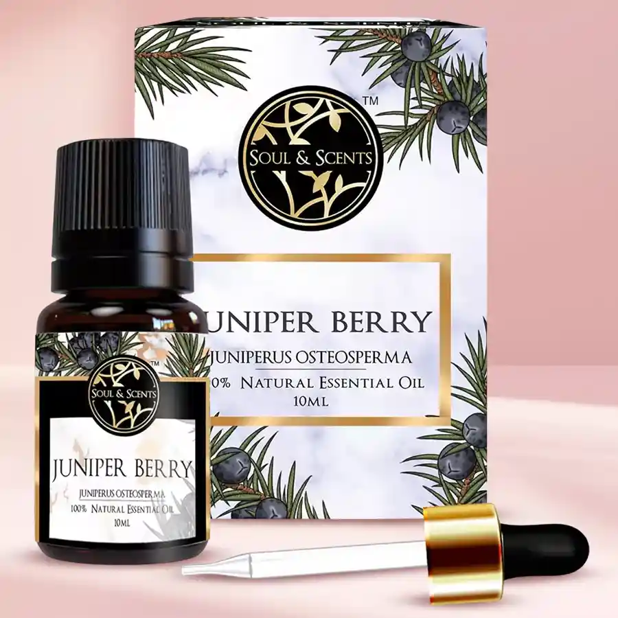 Soothing Juniper Berry Essential Oil bottle surrounded by juniper berries and greenery, evoking a tranquil Zen forest atmosphere.