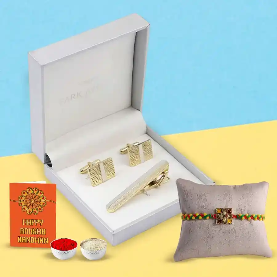 Premium Cufflinks Tiepin set from Park Avenue with Free Rakhi Roli Tilak and Chawal