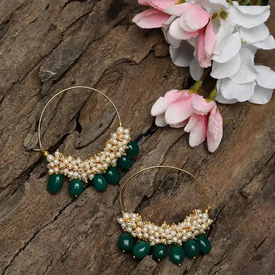 Designer Pearl Emerald Hoops