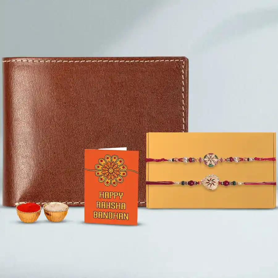 Leather Wallet with 2 Free Rakhi Roli Tilak and Chawal.