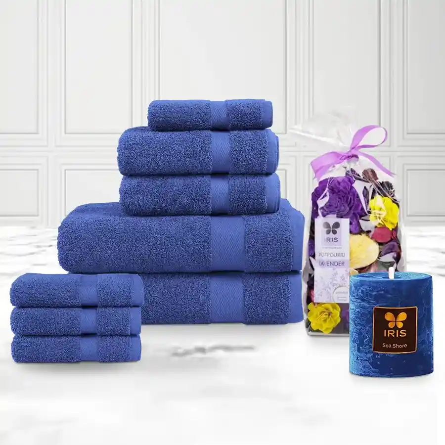 Fashionable Iris Blue Family Towel Set with Lavender Potpurri N Seasore Pillar Candle