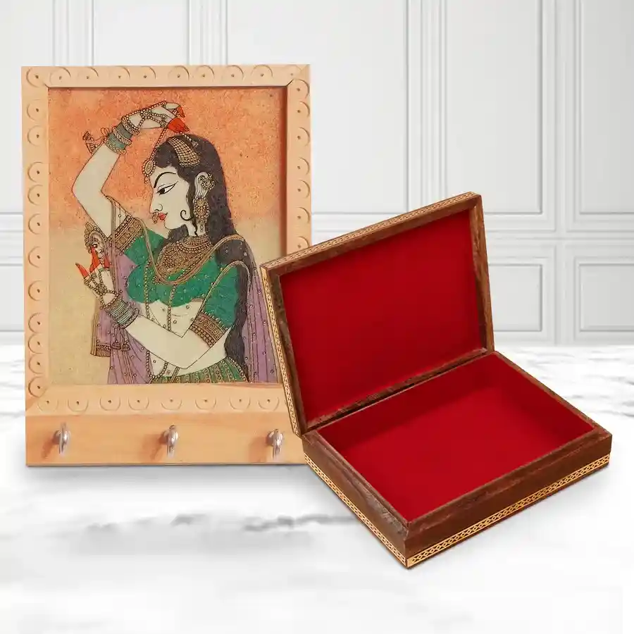 Alluring Meenakari Pattern Handcrafted Wooden Jewellery Box for Mummy
