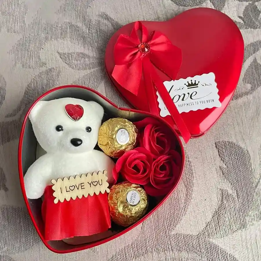Elegant Heart Shape Box of Teddy Roses and Ferrero Rocher