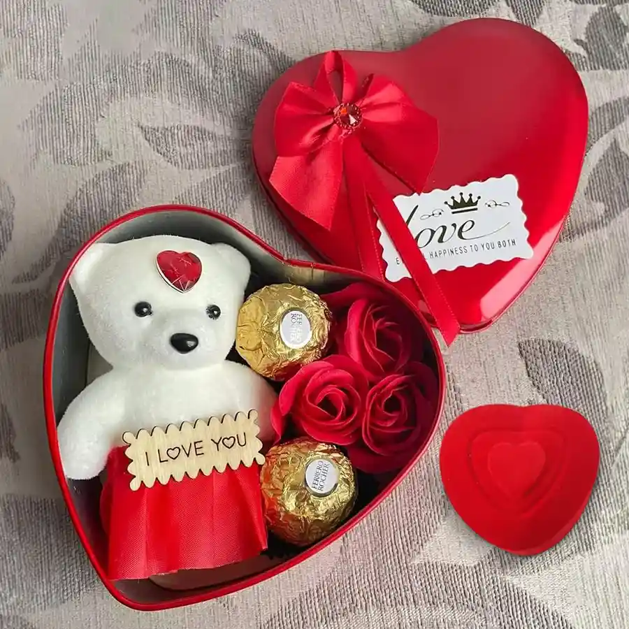 Dazzling Gift of Teddy Roses Ferrero Rocher Chocolates n a Fancy Ring in a Heart Shape Box