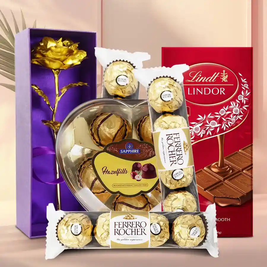 Amazing Love Hamper of Assorted Chocolates N Golden Rose
