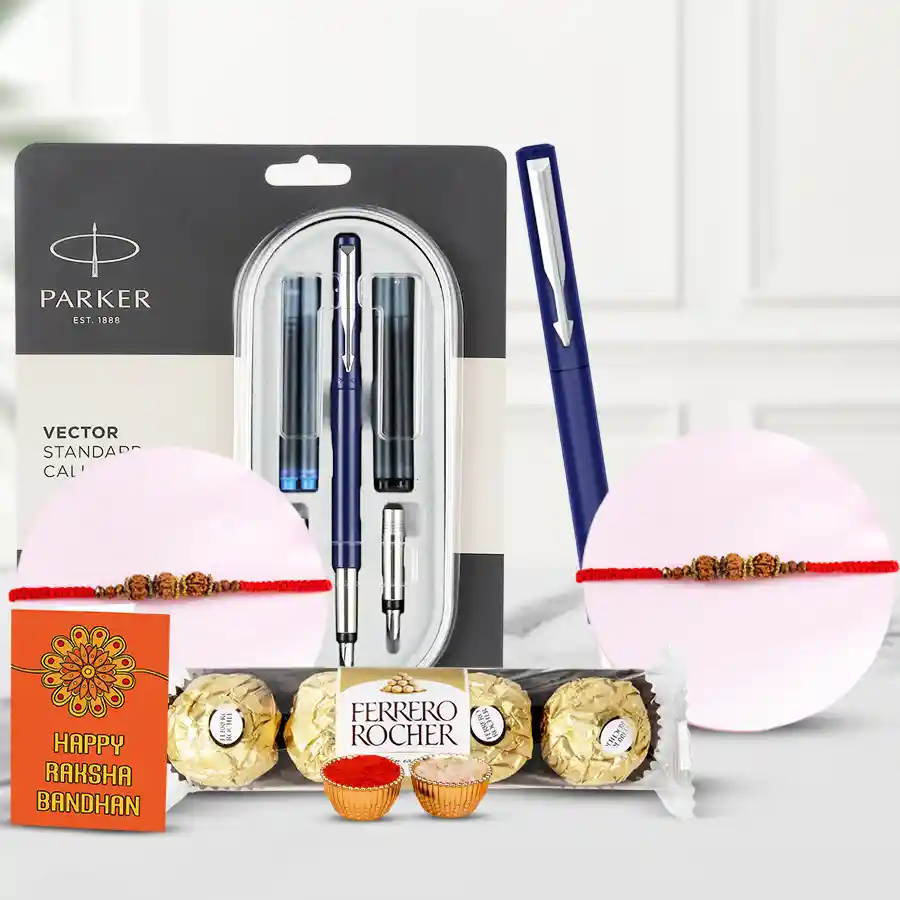 Classic Parker Pen with Rudraksha Rakhi N Ferrero Rocher