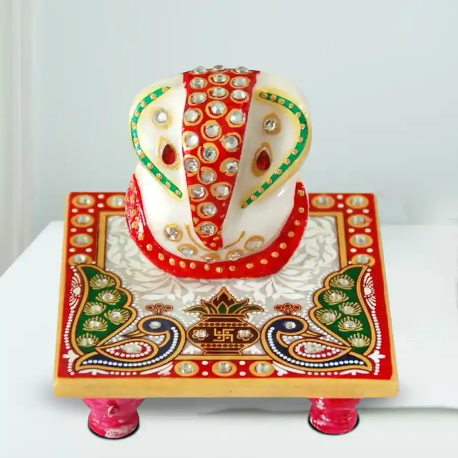 Divine Marble Ganesh Chowki in Peacock Pattern