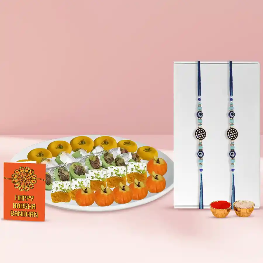 Holy Evil Eye Rakhi N Mithai form Bhikaram with Roli Tika N Card