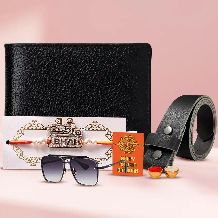 Trendy Biker Bhai Rakhi with Mens Wallet Belt n Sunglasses